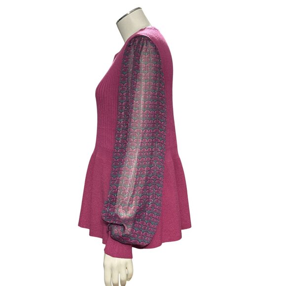 89th Madison NWT Medium Sheer Magenta Haze Knit Peplum Top Mesh Balloon Sleeves - Picture 4 of 12